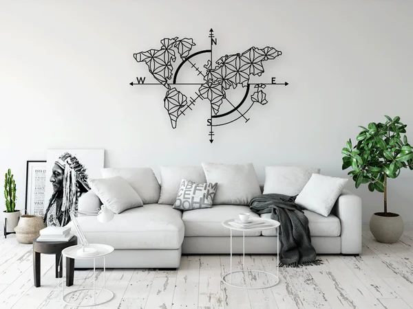 World Map Compass Metal Wall Art